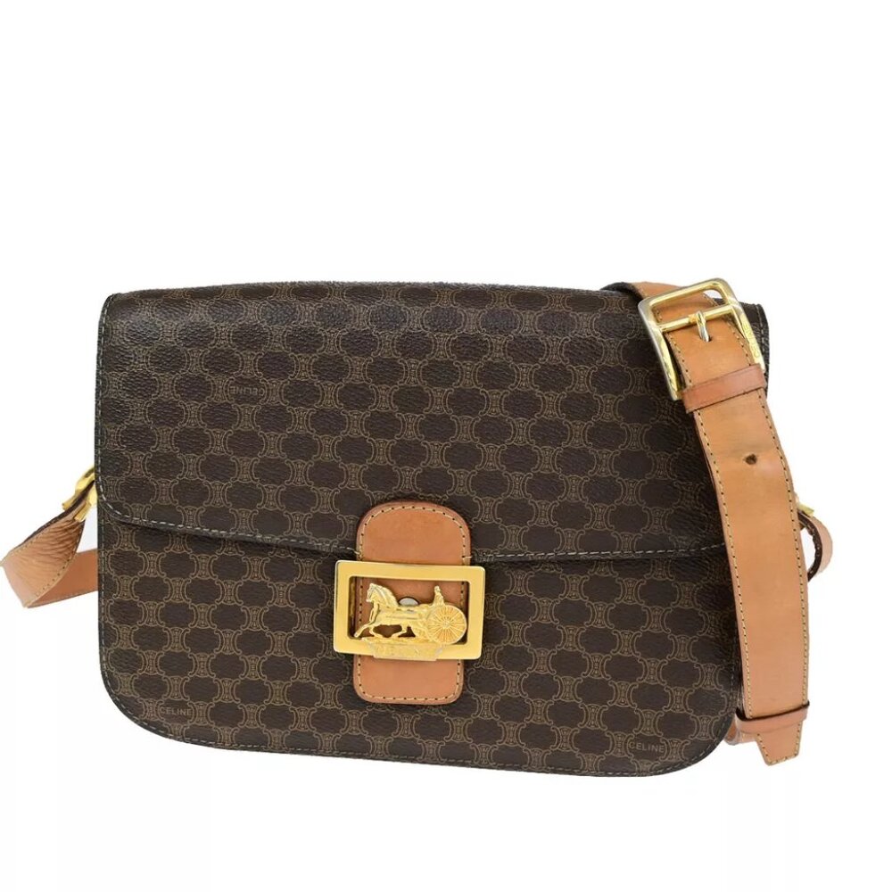 CELINE Macadam Pattern Horse Carriage Shoulder Bag PVC Leather Brown GHW 98YG603 - Picture 1 of 15